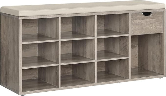 VASAGLE Custos Collection - Storage Bench, Entryway Bench with Cushion, Drawer and Open Compartments, Bench with Storage, Living Room, Bedroom, Closet, Heather Greige and Cappuccino Beige ULHS024K02