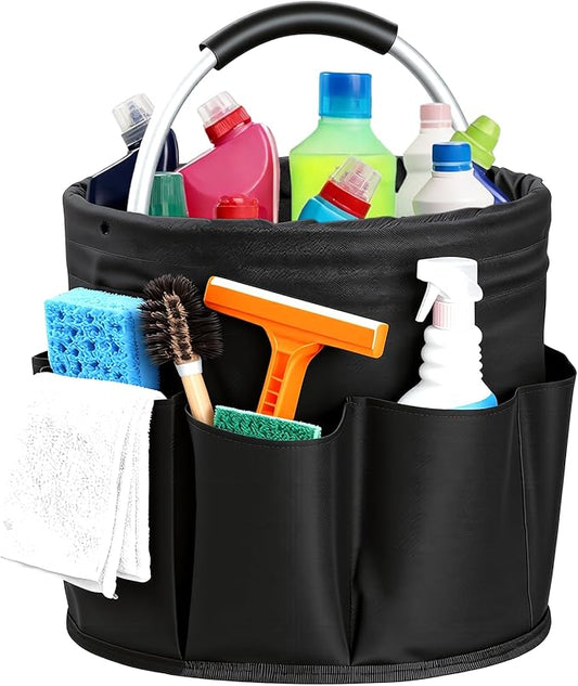 Cleaning Caddy with Handle, Cleaning Products Organiser, Foldable Storage Basket, Large Supply Organiser 17L with 6 Pockets, Portable Cleaning Caddy for Home & Garden (Black)
