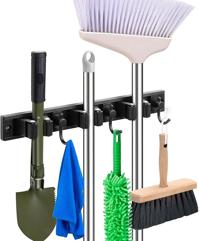 YA MI Mop holder, broom holder, stainless steel wall hanging tool storage device with 3 hooks in 3 positions, suitable for home bathrooms, kitchens, and gardens