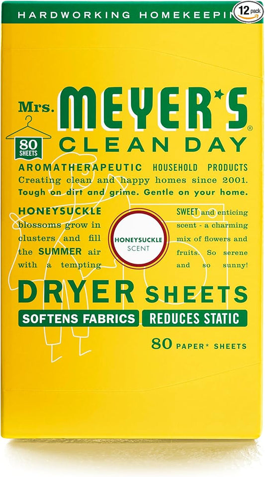 MRS. MEYER'S CLEAN DAY Dryer Sheets, Fabric Softener, Reduces Static, Infused with Essential Oils, Honeysuckle, 80 Count (Pack of 12)