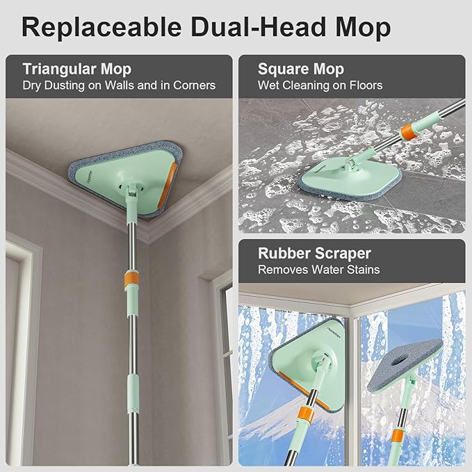 Mop and Bucket Set | Spin Mop with Dual-Tank Clean/Dirty Water Separation | 6 Microfiber Pads for Deep-Cleaning Floors | Versatile Mops Triangular Head for Walls