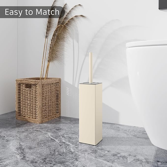 BGL Standing Toilet Brush and Holder Matte White Aluminium Toilet Bowl Cleaner Brush and Holder for Bathroom Storage and Organization, Square Design Sturdy and Space Saving