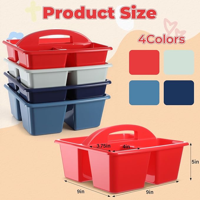 Kathfly 12 Pack Caddy Organizer with Handle, Stackable Organization Storage, Small Plastic Basket Classroom Caddy for Table Desk Office Pencil Kids Room Craft Art Teacher School Supplies (Blue Red)