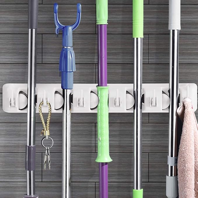 Tangkula Wall Mount Mop Broom Holder, Hanging Broom Organizer w/ 5 Slots & 6 Hooks, Home Storage Organizer Rack, Hanging Utility Rack for Home, Kitchen, Garage, Laundry (White)