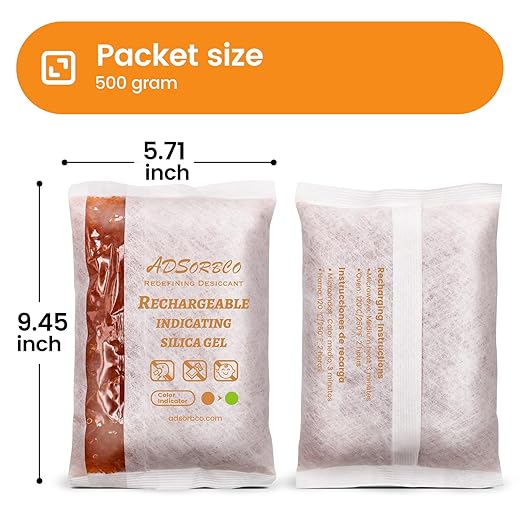 Adsorbco Rechargeable 500 Gram 2 Packs Desiccant, Indicating Silica Gel Packets, Moisture Absorbers for Storage, Gun Safe Dehumidifiers (2, 500g)