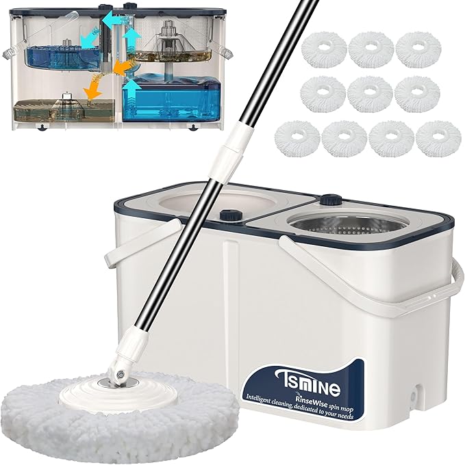 Gen 1 Large-Capacity Spin Mop and Bucket – for Big Homes & Deep Cleaning Days,4-Chamber System Separates Dirty & Clean Water, 2-GAL Heavy-Duty Design with Wheels & 10 Refill Mop Heads - White/Blue