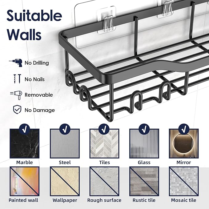Shower Caddy Adhesive Shower Organizer 8-Pack, Rustproof Stainless Steel Bathroom Shelves, Large Capacity No-Drill Rack Storage Accessories with Soap Dish Toothbrush Holder Hooks