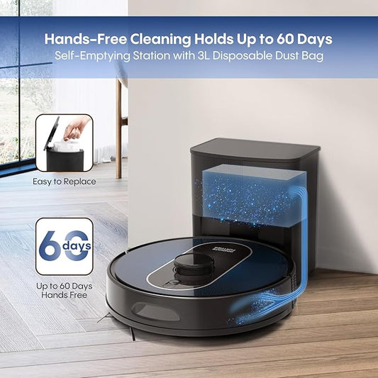 Robot Vacuum and Mop Self Emptying, 5000Pa Suction, LiDAR Navigation, Smart Obstacle Avoidance, Home Mapping, No-Go Zone, 60-Day Hands-Free Cleaning, Idear for Homes with Pets, Carpet & Hard Floors
