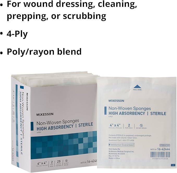 McKesson Non-Woven Sponges, Sterile, 4-Ply, High Absorbency, Polyester/Rayon (4 X 4 Inch (1200 Count))