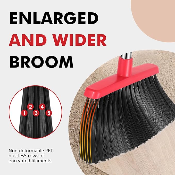 NACENA Heavy Duty Broom, 55 Inch Long Handle Outdoor Large Angle Brooms, Commercial Broom for Sweeping Indoor, for Home Garage Kitchen Office Courtyard Lobby Patio Lawn Concrete, 4 Pack (Black&Red)