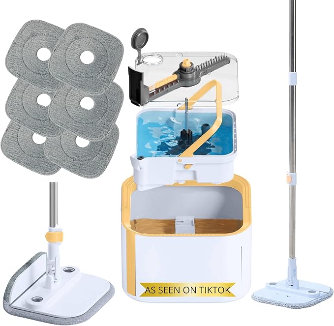 Mop and Bucket System PRO with Removable Water Tank Duo Bucket & Spin Mop System, Self Wringing, Separates Clean from Dirty Water, Folding Head, Dual Brush System, 6-pc Machine Washable Pads