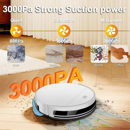 Robot Vacuum and Mop Combo, Up to 4500Pa Strong Suction, 2 in 1 Super Thin Robotic Vacuum Cleaner with App/Remote/Voice Control, Self-Charging, Slim for Pet Hair, Hard Floor, Low-Pile Carpet White