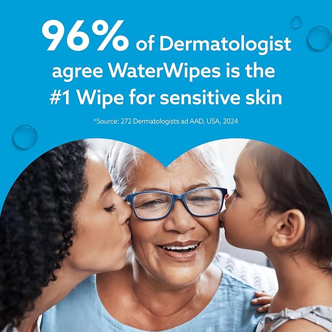 WaterWipes Sensitive+ Bathing Wipes, 3-In-1 Cleans, Cares, Protects, 99.9% Water, Unscented & Hypoallergenic, 16 Count (6 Pack)