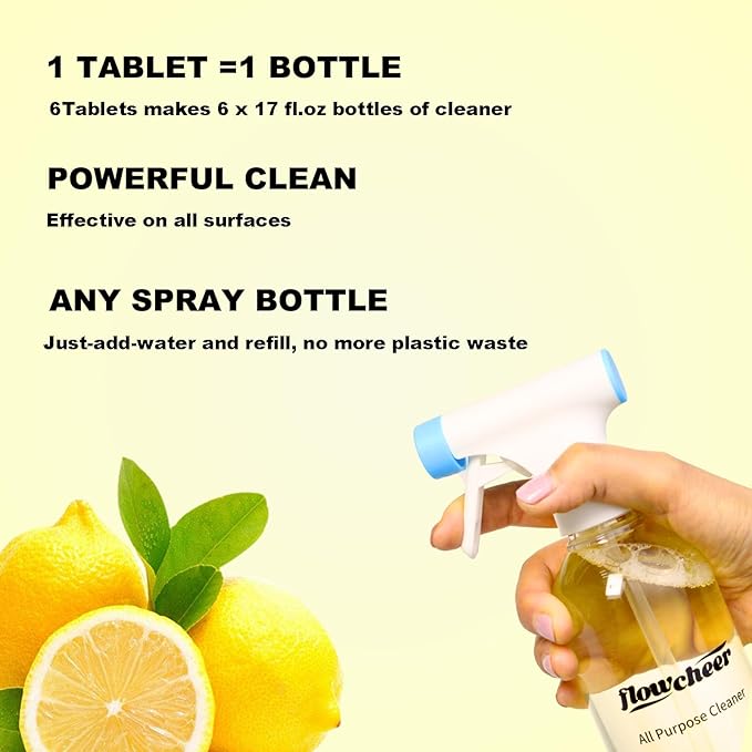 flowcheer Multi-Purpose Cleaner Starter Kit-Lavender and Lemon Scent all purpose cleaner concentrate,cleaning tablets (6 Refill tablets) with Reusable Spray Bottle Multi-Surface Cleaner, 6x17fl oz