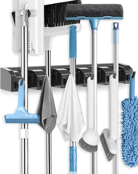 AceMining Broom Holder Wall Mounted, 5 Holders and 6 Hooks Mop Holder, ABS Plastic Brush Holder, Thick and Durable Mop and Broom Holder, Broom Storage, Broom Hook, Mop Wall Holder Black