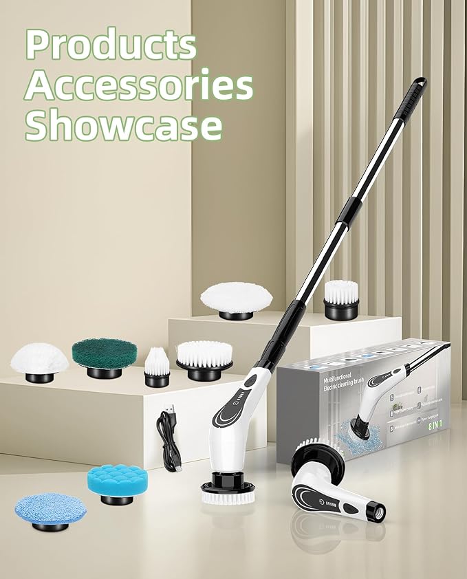 Electric Spin Scrubber, Cordless Power Scrubber with 8 Replaceable Brushs, 2-Speed Adjustable Handle Shower Scrubber, IPX7 Waterproof Cleaning Brush for Bathroom, Tile, Tub, Teens, White-qe1
