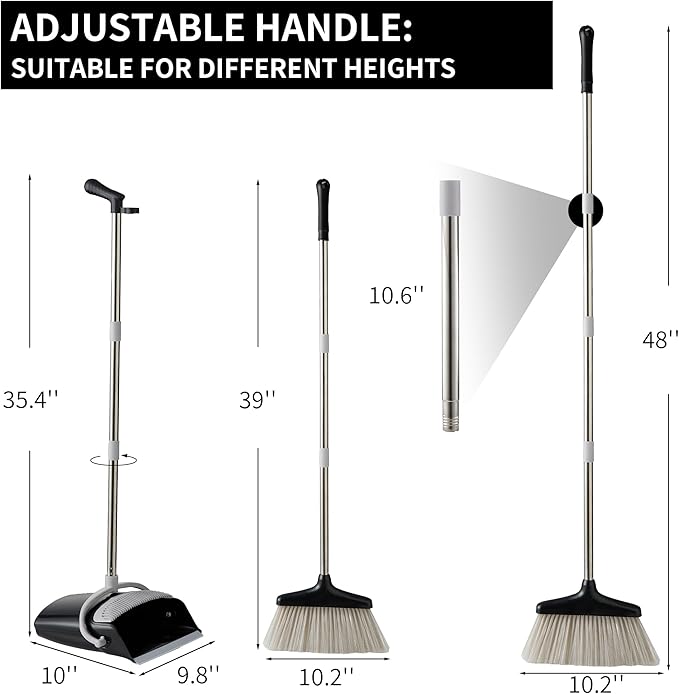 Broom and Dustpan Set Lightweight Upright Lobby Broom and Dust Pan Combo with Long Handle Outdoor Indoor for Home Kitchen Room Office (Gray and Black)
