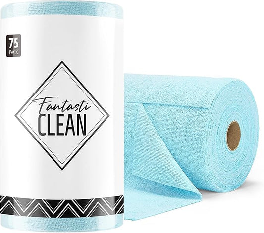 Fantasticlean Microfiber Cleaning Cloth Roll -75 Pack, Tear Away Microfiber Towels, 12" x 12", Reusable, Washable, Scratch Free, Ultra Absorbent Dishcloth for All-Around Cleaning Supplies (Blue)