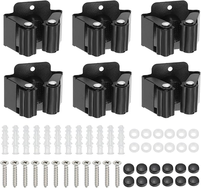 PATIKIL Broom and Mop Holder, 6 Pack Wall Mounted Stainless Steel Mop Hanger Heavy Garden Tool Organizer Rack Hanging Clips with Screws for Home Garage, All Black