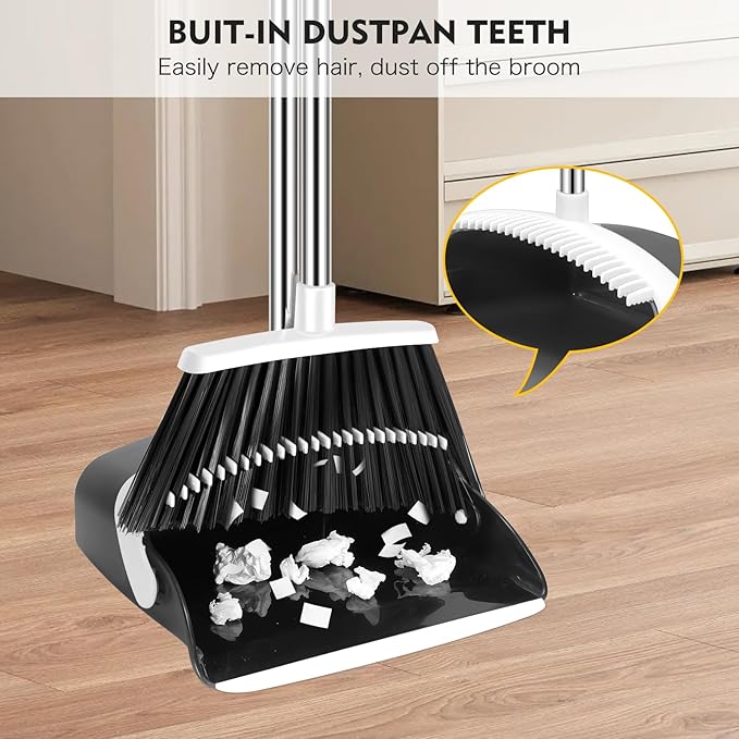 Broom and Dustpan Set, 55-in Long Adjustable Handle Broom with Dustpan Combo Set with Dustpans Teeth to Automatically Clean Hair Suitable for Home Kitchen Office Hall Lobby, Large(Black&White)