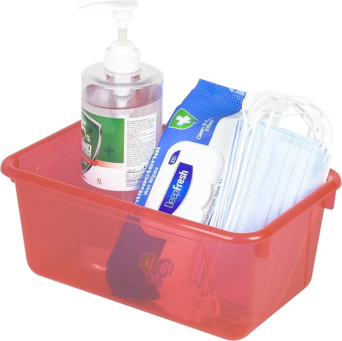 Storex Small Cubby Bins – Plastic Storage Containers for Classroom with Non-Snap Lid, 12.2 x 7.8 x 5.1 inches, Tint Red, 5-Pack (62481U05C)
