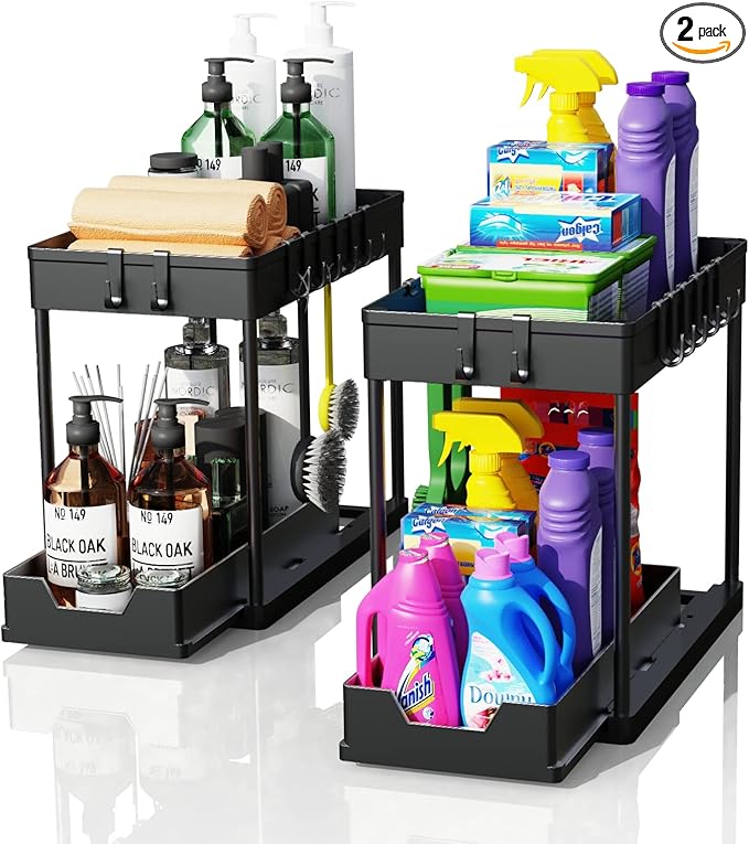 2 Pack Under Sink Organizers and Storage, 2-Tier Sliding Cabinet Basket Organizer with Hooks, Multi-Purpose Under Sink Organizers and Storage for Bathroom Kitchen