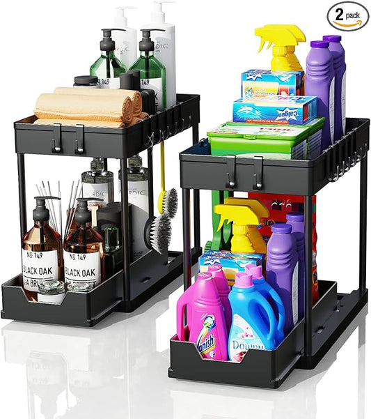 2 Pack Under Sink Organizers and Storage, 2-Tier Sliding Cabinet Basket Organizer with Hooks, Multi-Purpose Under Sink Organizers and Storage for Bathroom Kitchen