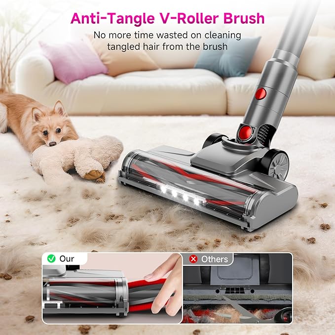 Cordless Vacuum Cleaner, 550W/45KPA Powerful Suction Cordless Stick Vacuum Cleaners for Home, Anti-Tangle Brush, Lightweight, 6-in-1 Rechargeable Vacuum for Pet Hair/Carpet/Hard Floor(Purple)