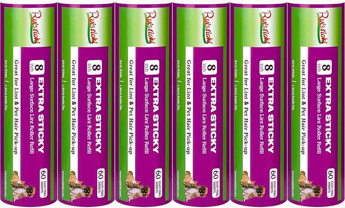 8 inch Large Surface Roller Refill Compatible with Scotch-Brite Pet Hair Pickup Extra Sticky Large Lint Roller Replacement 60 Easy-Tear Adhesive Sheets per Refill Pack of 6 Rolls 360 Sheets Total