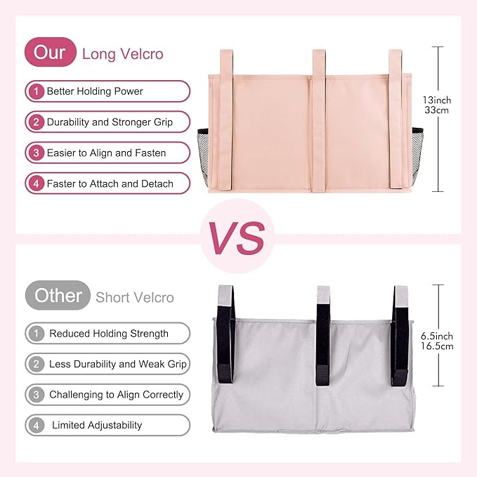 Surblue Bedside Caddy Hanging Bed Organizer Storage Bag Pocket for Bunk and Hospital Beds, College Dorm Rooms Baby Bed Rails, Camp 8 Pockets, (Large, Light Pink)