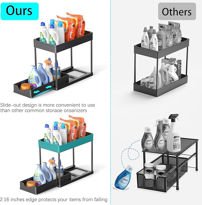 2 Pack Under Sink Organizers and Storage, 2-Tier Sliding Cabinet Basket Organizer with Hooks, Multi-Purpose Under Sink Organizers and Storage for Bathroom Kitchen