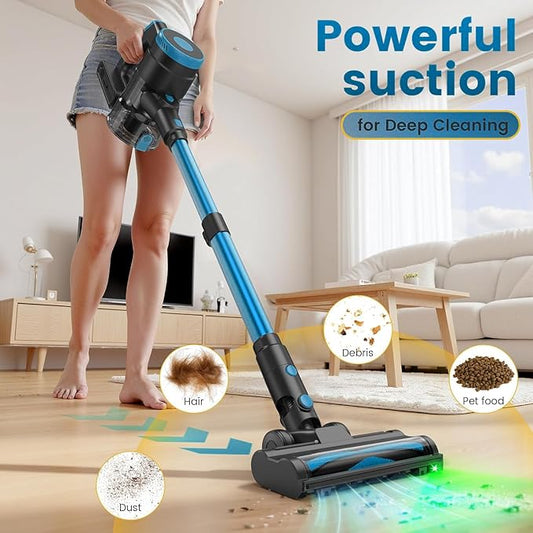 Zefiro 350W Cordless Vacuum Cleaner,45Mins Runtime Vacuum Cleaners for Home, Anti-Tangle and 1.5L Dust Cup, Lightweight Vacuum for Hardwood Floor Carpet Pet Hair (Blue)