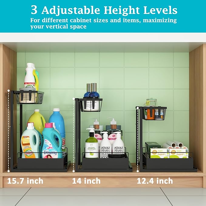 REALINN Under Sink Organizer, 2 Pack Height Adjustable Kitchen Organizers and Storage, 2 Tier Pull Out Sliding Cabinet Storage, Multi-Use for Kitchen Bathroom Cabinet