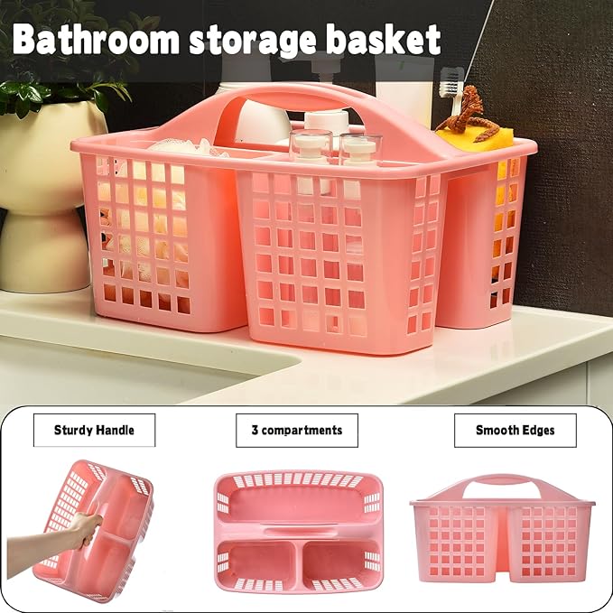 Haundry Plastic Shower Caddy Basket with 3 Compartments, Portable Divided Cleaning Supply Storage Organizer with Handle (Pink)