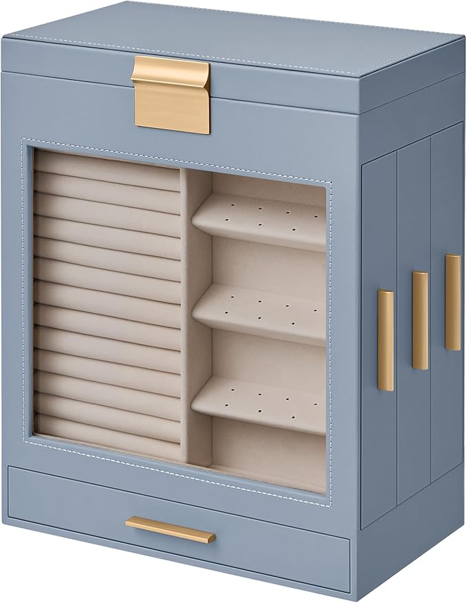 SONGMICS Jewelry Box with Glass Window, 5-Layer Jewelry Organizer with 3 Side Drawers, Jewelry Storage, with Big Mirror, Modern, 6.1 x 10.3 x 12.6 Inches, Smoky Blue and Metallic Gold UJBC162Q01