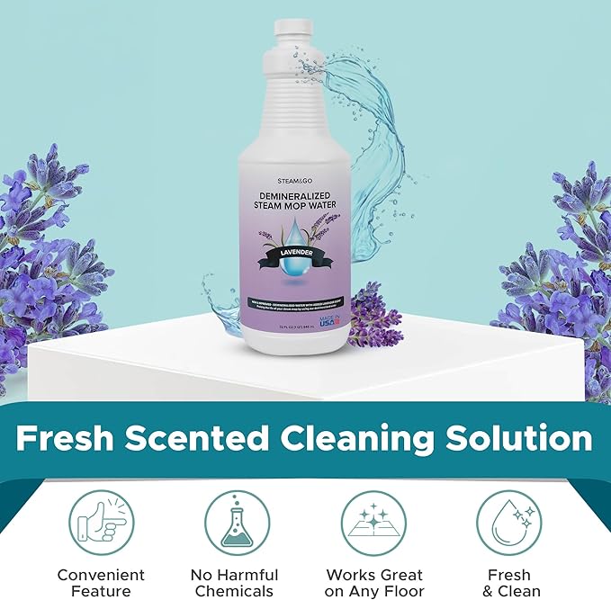Steam & Go Demineralized Water for Steam Cleaner - PVC-Free Floor Cleaning Solution Compatible for All Steam Mops - Multi-Surface Cleaner for Home Surfaces - Lavender Scent, 32 oz