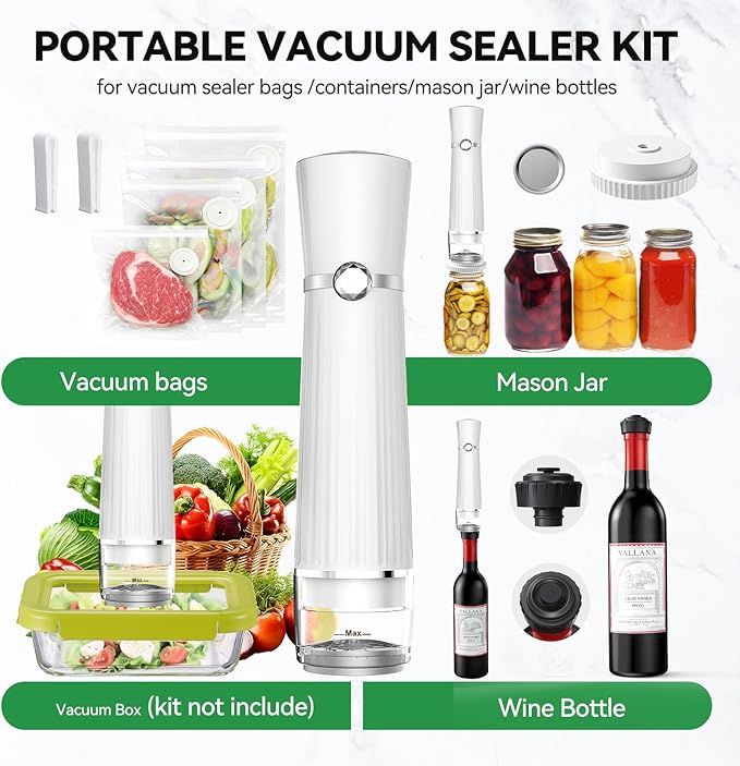 Vacuum Sealer for Food (Compact Vacuum Sealer Machine+30 Reusable Bags+20 Mason Jar Lids+Wine Stopper), Handheld Mason Jar Vacuum Sealer for 10X Preservation & Fresh, 80Kpa Portable Vacuum Food Saver