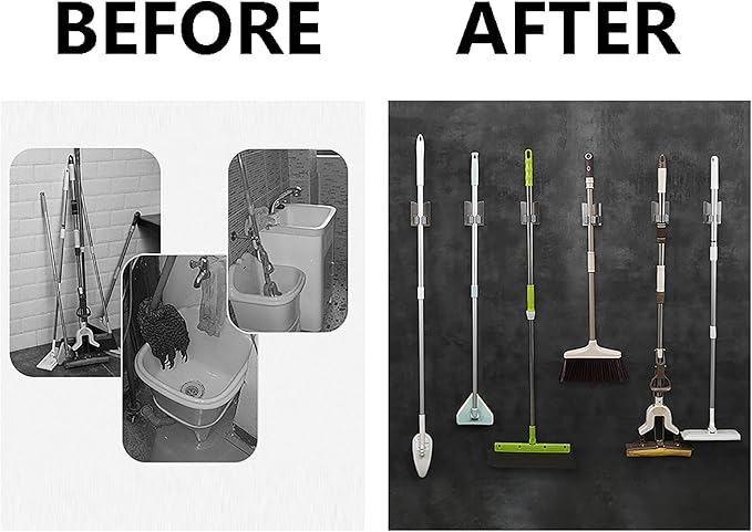 HANZE 4 Pack Mop Broom Holder Racks 304 Stainless Steel Self Adhesive Heavy Duty Wall Mounted Mop Organizer Storage Clip Multi-Used for Garage Kitchen and Bathroom