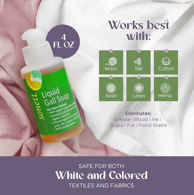 Sonett Organic Liquid Stain Remover For Clothes- Concentrated Laundry Stain Remover Detergent Gall Soap For Deep Cleaning- Highly Effective Against Ink, Blood, Grease, Fruit Stains- 4oz, Pack of 2