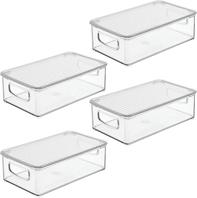 mDesign Plastic Storage Bin Box Container with Lid and Built-in Handles - Organization for Pens, Pencils, or Work Supplies in Home Office, Cabinet, or Desk Top, Ligne Collection - 4 Pack - Clear
