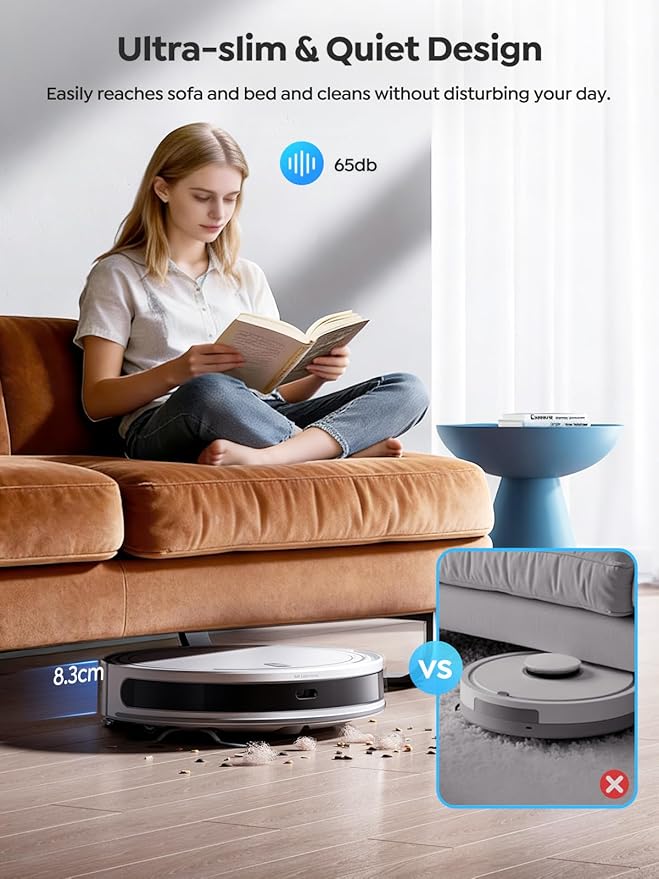 Robot Vacuum and Mop Combo, Smart Navigation Robotic Vacuum Cleaner with 5000Pa Suction, Ultra Slim Vacuum Robot, 150Mins Max, App/Alexa Control for Pet Hair, Hard Floor, Carpet, Customized Cleaning