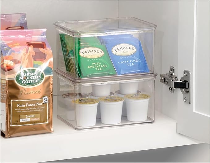 iDesign Plastic Stackable Hinged-Lid Pantry or Kitchen Storage Box - Set of 6 - Clear