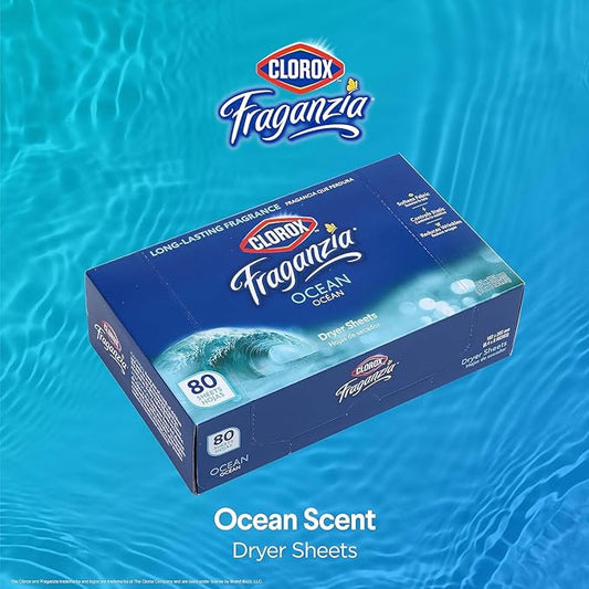 Clorox Fraganzia Fabric Softener Dryer Sheets, Ocean Scent - Wrinkle Reducing Scented Softening Laundry Dryer Sheets for Great Smelling Clothes, 80 Count - 6 Pack
