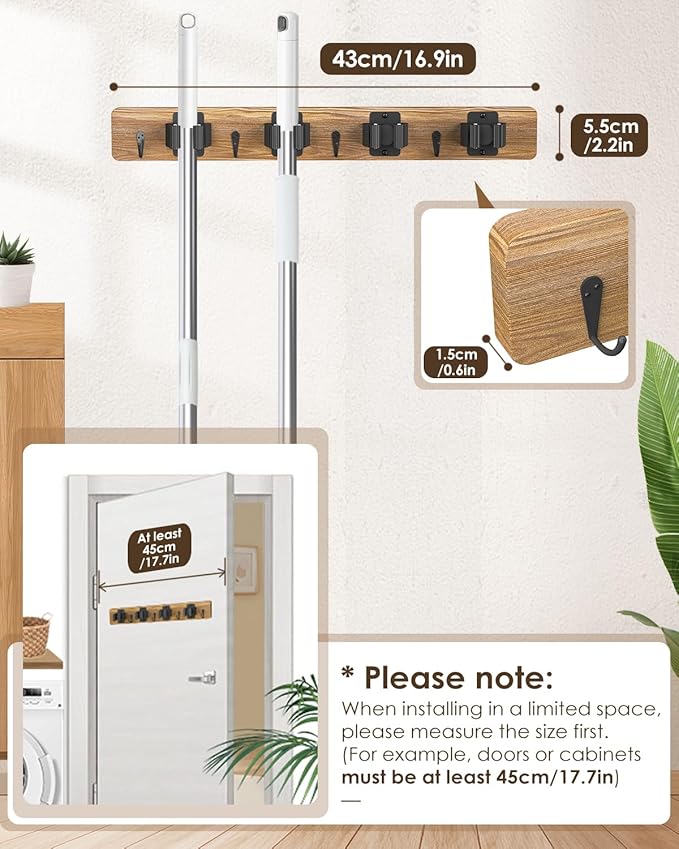 AceMining Broom Holder Wall Mounted, 2 Pack 4 Holders and 4 Hooks Mop Holder, Wooden Mop and Broom Holder with Anti slip rubber, Natural pine wood Brush Holder, Mop Wall Holde with Nail installation