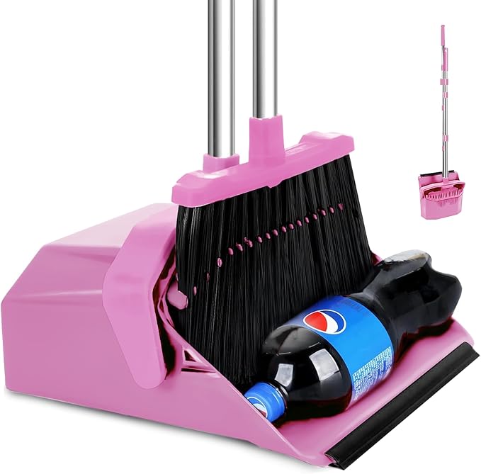 Broom with Dustpan Combo Set, 51'' Broom and Dustpan Set, Brooms and Dust Pan with Handle, Brooms with Standing Dustpans, House Broom for Pets Hair and Floor Cleaning - Pink