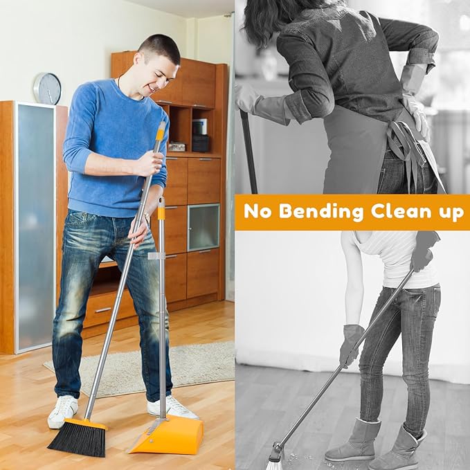 Broom and Dustpan Set with Long Handle 52", Standing Broom and Dust Pan Set for Home Kitchen Room Office Lobby Yellow