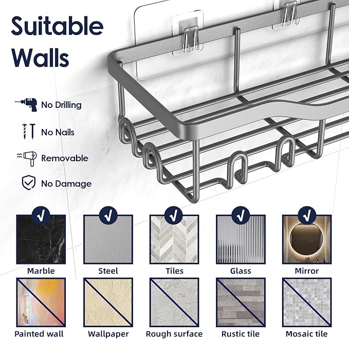 Shower Caddy Adhesive Shower Organizer 7-Pack, Rustproof Stainless Steel Bathroom Shelves, Large Capacity No-Drill Rack Storage Accessories with Soap Dish Toothbrush Holder Hooks