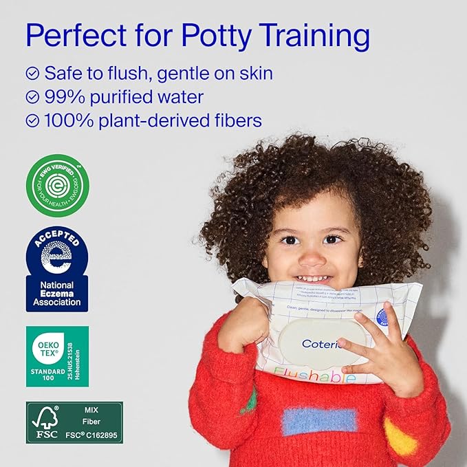 Coterie Baby Wipes & Flushable Toddler Wipes Set | 4 Packs Baby Wipes (224ct) + 4 Packs Flushable Toddler Wipes (224ct) | Hypoallergenic, Safe for Sensitive Skin, 99% Water, Plant-Based, Eczema Safe