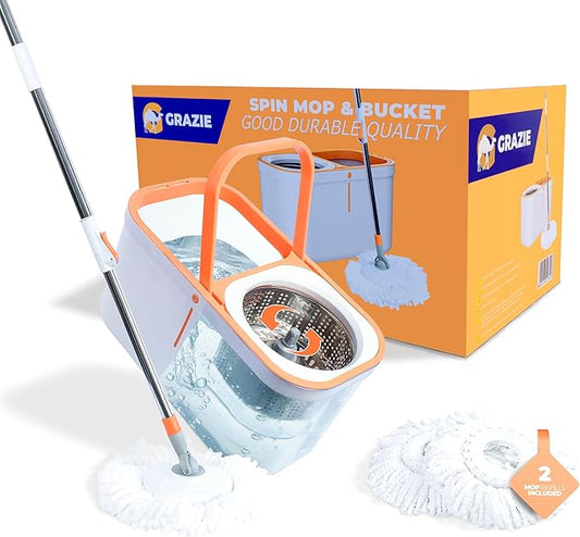 Spin Mop and Bucket Set Cleaning System Wringer 360 Microfiber Mop with Stainless Steel Handle Self Wringing Bucket for Tile Hardwood Laminate Floors Includes 2 Mop Head Refills