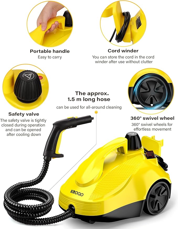 Multi-Purpose Steam Cleaner for Grout, Tile, Car Detailing & Home Appliances - 23 Attachments for Grime, Grease, Bacteria Removal - with 16.4ft Long Cord